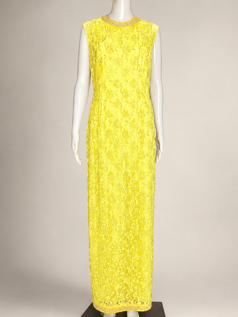 Vintage 1960s Canary Yellow Beaded Lace Column Style Long Evening Gown Size 40 L